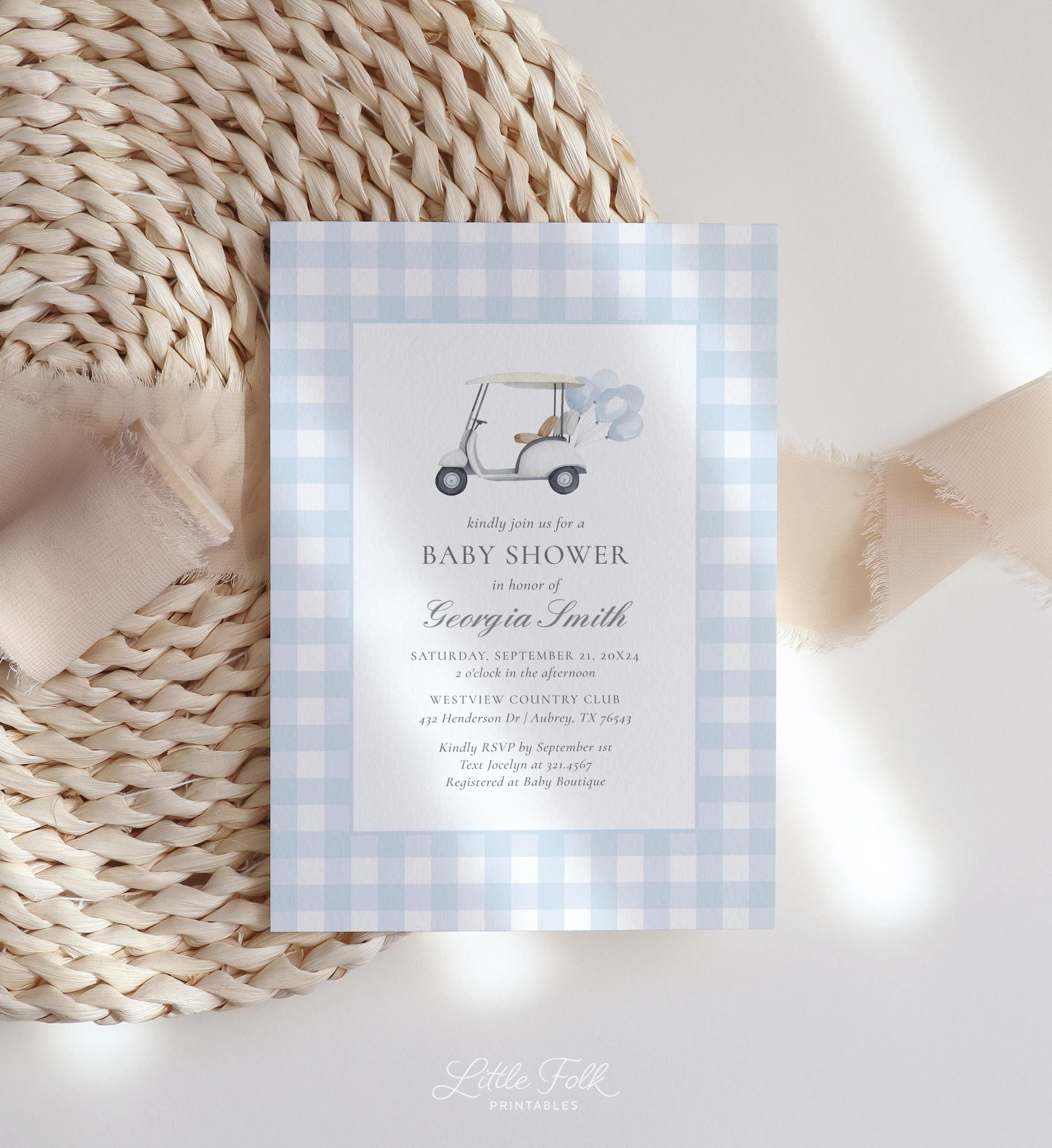 Golf Baby Shower Invitation, Blue Gingham Golf Cart Boy Baby Shower Invite, Editable Template, DIGITAL DOWNLOAD