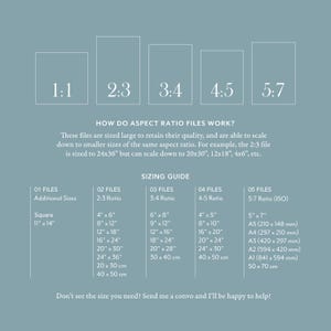 May include: A sizing guide for digital files, featuring aspect ratios 1:1, 2:3, 3:4, 4:5, and 5:7. Includes a chart with common print sizes like 11" x 14", 4" x 6", 8" x 10", and A5, A4, A3, A2, A1 sizes. Text explains how files scale.
