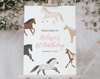 May include: A white welcome sign with a pink banner that says "Welcome to Melissa's 1st Birthday" and the date "September 21, 2024". The sign is decorated with five cartoon horses in various colours and poses.