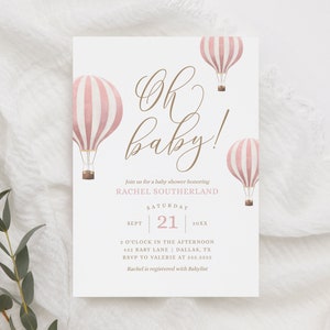 Pink Hot Air Balloon Baby Shower Invitation, Girl Baby Shower Invite, Oh Baby Printable Invitation Template, DIGITAL DOWNLOAD image 5