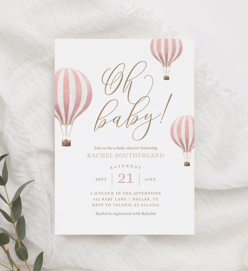 Pink Hot Air Balloon Baby Shower Invitation, Girl Baby Shower Invite, Oh Baby Printable Invitation Template, DIGITAL DOWNLOAD image 5