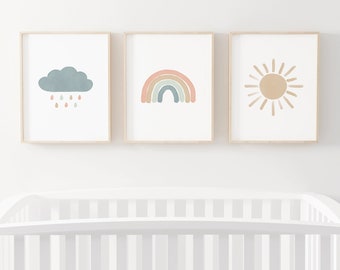 Pastel Rainbow Set of 3 Prints, Printable Watercolor Rainbow Wall Art, Boho Nursery Decor, Girls Room Decor, DIGITAL DOWNLOAD