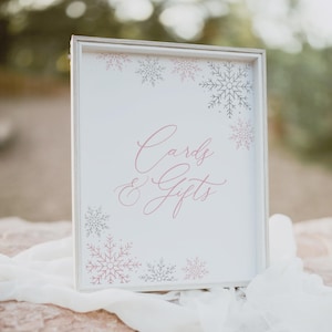 Pink Snowflake Birthday Cards and Gifts Sign, Printable Winter Onederland Gift Table Sign, DIGITAL DOWNLOAD