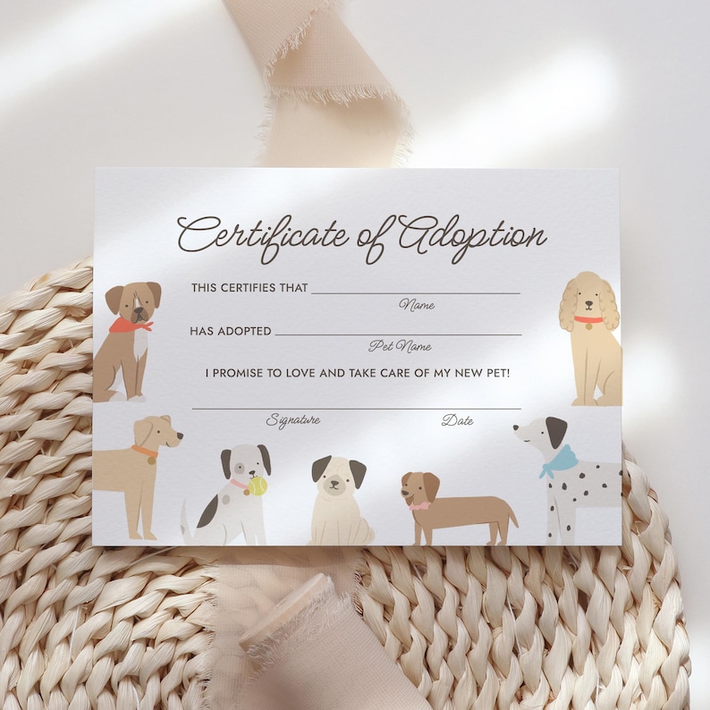 May include: A white certificate with the text "Certificate of Adoption" in elegant script. The certificate features illustrations of various dog breeds and includes spaces to fill in the pet's and owner's names, along with a signature and date.
