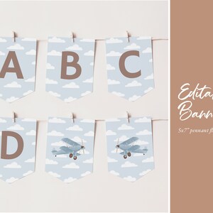 May include: Editable banner with blue and white pennant flags featuring the letters A, B, C, D, and two airplanes. The banner is 5x7 inches.