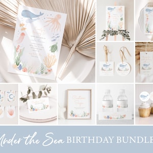 Under the Sea Birthday Invitation Bundle, Printable Ocean Birthday Decorations, Editable Party Template, DIGITAL DOWNLOAD