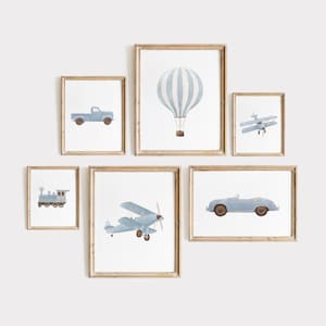 Vintage Travel Boy Nursery Wall Art, Printable Transportation Nursery Decor, Blue Hot Air Balloon Plane Train Prints, DIGITAL DOWNLOAD