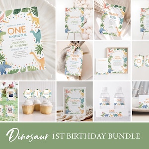 May include: A collection of dinosaur-themed party supplies, including invitations, signs, cupcake toppers, and water bottle labels. The designs feature colorful dinosaurs, palm leaves, and the text "ONE a-saurus" and "1st Birthday". The overall theme is a first birthday celebration.