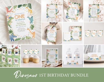 Pacchetto di inviti per il primo compleanno a tema dinosauro, modelli stampabili per feste di compleanno a tema dinosauro, decorazioni per compleanno a tema dinosauro One-A-Saurus, DOWNLOAD DIGITALE