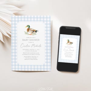 May include: Blue and white gingham baby shower invitation with a watercolor illustration of a duck. The invitation text reads "Kindly join us for a Baby Shower in honor of Caroline Michaels. Saturday, August 21, 2014, 2 o'clock in the afternoon, Westview Country Club, 433 Henderson Dr, Aubrey, TX 76242. Kindly RSVP by September 1st, Text Jocelyn at 321-4367, Registered at Baby Boutique."