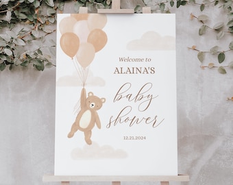 Editable Teddy Bear Baby Shower Welcome Sign, Printable Bear Balloon Baby Shower Welcome Sign Template, DIGITAL DOWNLOAD