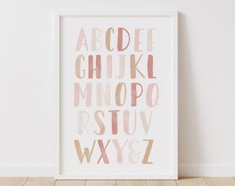 Neutral Alphabet Poster, Pink Alphabet Print, Printable Educational Wall Art, Nursery Decor, Girls Room Decor, DIGITAL DOWNLOAD