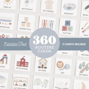 Op de afbeelding: Een verzameling vierkante routinekaarten met zachtgekleurde illustraties en tekstlabels voor dagelijkse activiteiten zoals wakker worden, potje, ontbijt, speeltijd, school en bedtijd. De set bevat 360 bewerkbare kaarten en 12 grafieken.