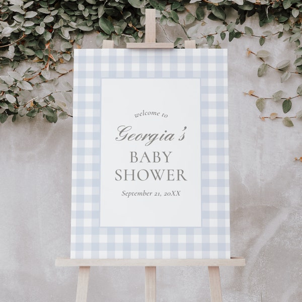 Blue Gingham Baby Shower Welcome Sign, Classic Gingham Boy Baby Shower Welcome Sign Template, DIGITAL DOWNLOAD