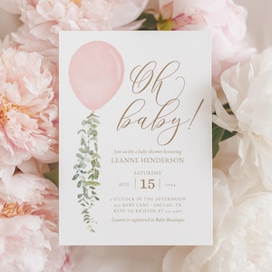 Modelo de convite para chá de bebê com balões rosa, convite para brunch de bebê com balões em aquarela para impressão