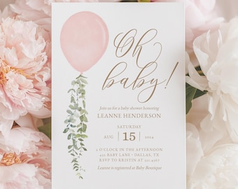 Pink Balloon Girl Baby Shower Invitation Template, Printable Watercolor Balloon Baby Brunch Invite