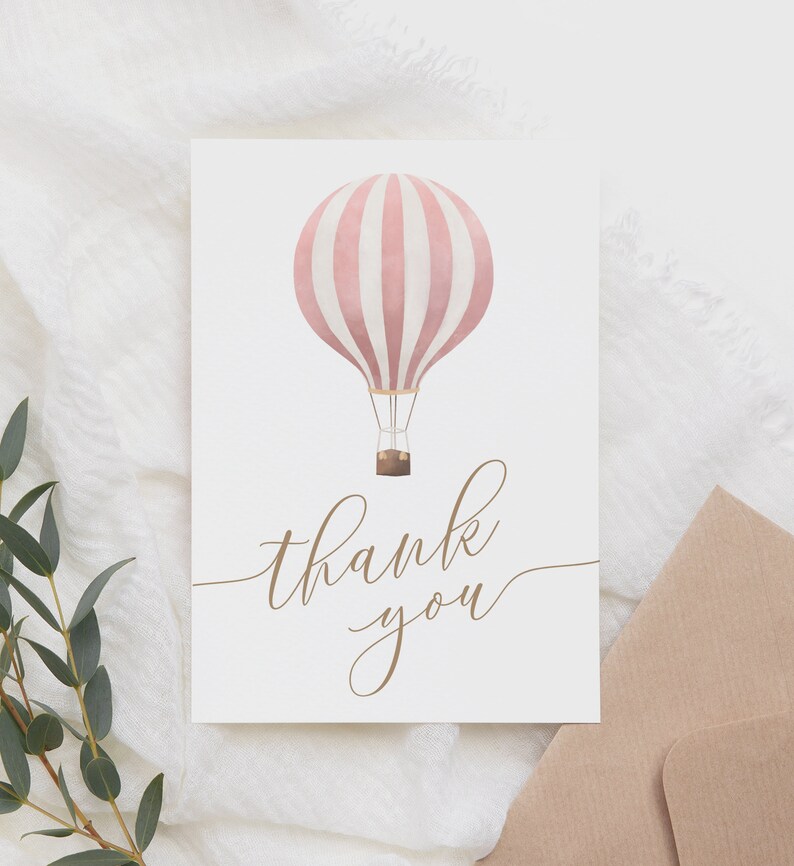 Editable Pink Hot Air Balloon Baby Shower Thank You Card Template ...