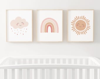 Ensemble d’art mural arc-en-ciel neutre de 3 estampes, Nuage arc-en-ciel solaire, Art mural IMPRIMABLE, Décor de chambre d’enfant pour filles, Décor de chambre pour enfants, TÉLÉCHARGEMENT NUMÉRIQUE