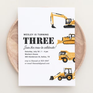 Construction Vehicles Birthday Invitation, Construction Site Birthday Party Invite, Dump Truck Excavator Bulldozer Birthday image 1