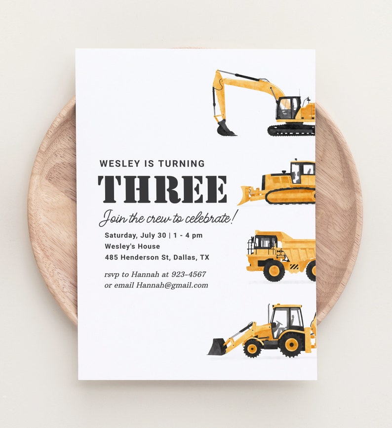 Construction Vehicles Birthday Invitation, Construction Site Birthday Party Invite, Dump Truck Excavator Bulldozer Birthday image 1