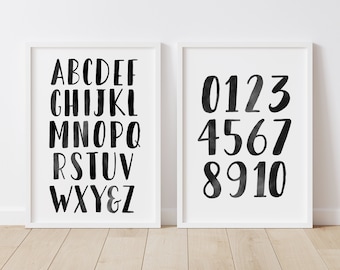 Black Alphabet and Numbers Set of 2 Prints, Alphabet Poster, Printable Educational Wall Art, Classroom Decor, DIGITAL DOWNLOAD