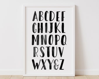 Black Watercolor Alphabet Print, Educational ABC Poster, Printable Alphabet Wall Art, Kids Room Decor, Nursery Decor, DIGITAL DOWNLOAD