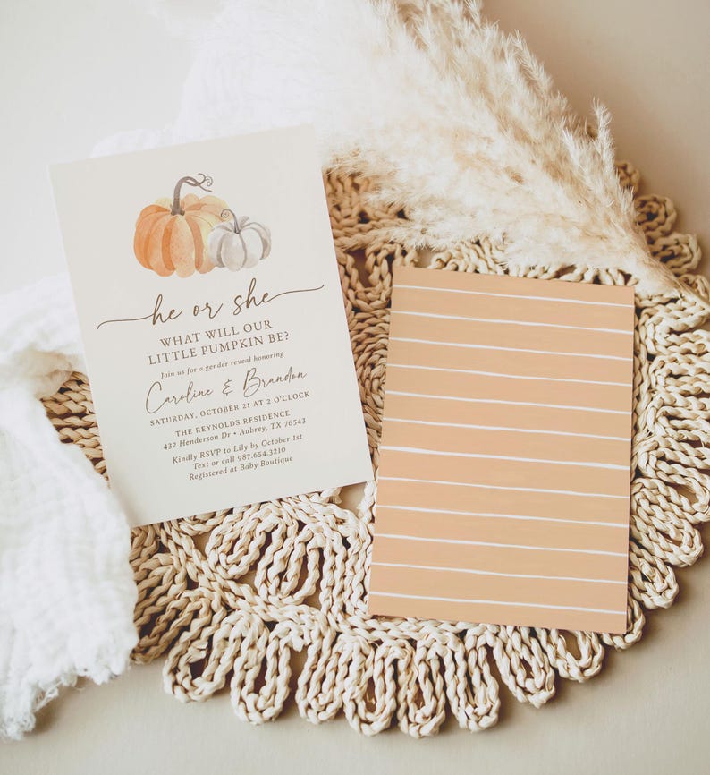 Little Pumpkin Gender Reveal Invitation, Fall Gender Reveal Invite, Printable Pumpkin Invitation Template, DIGITAL DOWNLOAD image 4