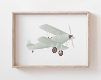 Stampa di un aereo d'epoca, stampa murale di un biplano verde salvia, stampa murale di viaggio, decorazioni per la cameretta dei bambini, decorazioni per la cameretta dei ragazzi, DOWNLOAD DIGITALE