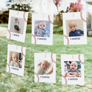 Plantilla editable de banner de fotos de cumpleaños de béisbol, tarjetas imprimibles de hitos del primer cumpleaños de béisbol, pequeño novato, DESCARGA DIGITAL
