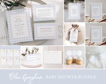Blue Gingham Baby Shower Invitation Bundle, Printable Classic Boy Baby Shower Decorations and Games, Editable Template, DIGITAL DOWNLOAD