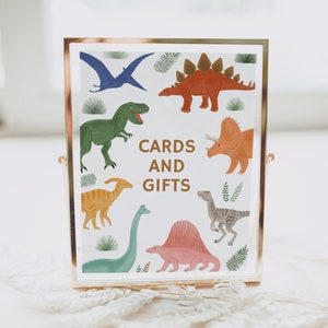 Cartões de festa de aniversário de dinossauro e sinal de presentes, decoração de mesa de aniversário de dinossauro imprimível, decorações de aniversário, download digital