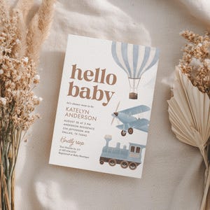 Mall för babyshowerinbjudan för resor, babyshowerinbjudan för vintageflygplan, babyshowerinbjudan för pojke, digital nedladdning för luftballongtåg bild 1