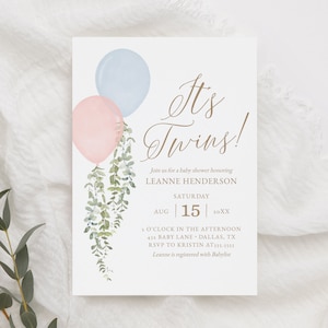 It's Twins Balloon Baby Shower Invitation, Pink Blue Watercolor Balloon Baby Shower Invite, Printable Invitation Template, DIGITAL DOWNLOAD