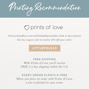 May include: A promotional graphic with the text "Printing Recommendation" and "prints of love." It includes a website address, a coupon code "LITTLEFOLK10," and information about free shipping within the U.S. and tree planting.