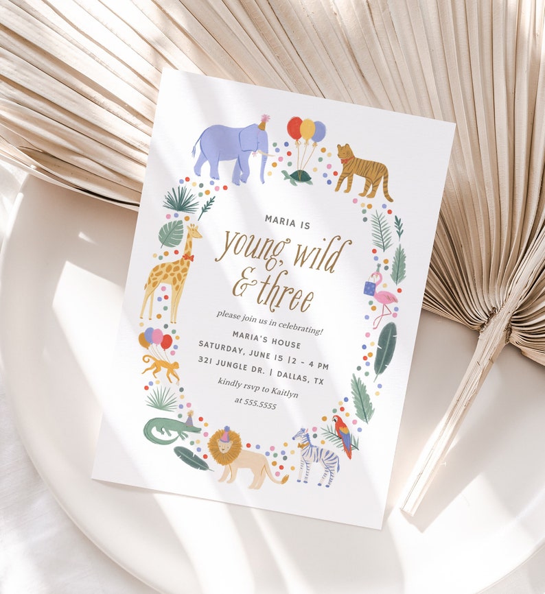 Editable Young Wild and Three 3rd Birthday Party Invitation, Jungle Safari Animals Birthday Party Invite Template, DIGITAL DOWNLOAD image 1