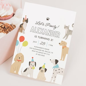 May include: A birthday party invitation featuring a paw print and the text "Let's Pawty! Alexander is turning 2!" The invitation is decorated with a variety of cartoon dogs and cats, including a cat wearing a party hat, a dog wearing a party hat, and a dog holding a ball. The invitation also includes the date and time of the party, as well as the address and RSVP information.