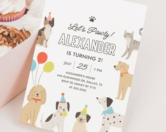Invito di compleanno di cane e gatto, invito di compleanno di gattino cucciolo Pawty, modello modificabile di festa di compleanno di cane e gatto, DOWNLOAD DIGITALE
