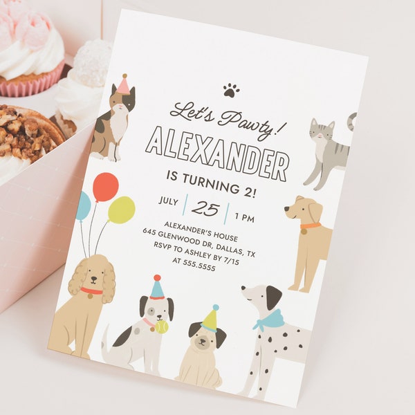 Dog and Cat Birthday Invitation, Kitten Puppy Pawty Birthday Invite, Editable Cat and Dog Birthday Party Template, DIGITAL DOWNLOAD