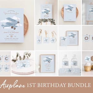 Airplane 1st Birthday Invitation Bundle, Printable Travel Kids Birthday Decorations, Editable Party Template, DIGITAL DOWNLOAD