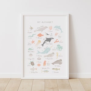 Póster con el alfabeto de la playa, arte de pared con el alfabeto de animales para imprimir, decoración de guardería de playa, decoración de habitación de niños, arte de pared de guardería, descarga digital