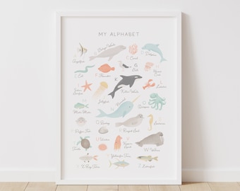 Beach Alphabet Poster, PRINTABLE Wall Art, Beach Nursery Decor, Animal Alphabet, Kids Room Decor, Nursery Wall Art, Digital Download