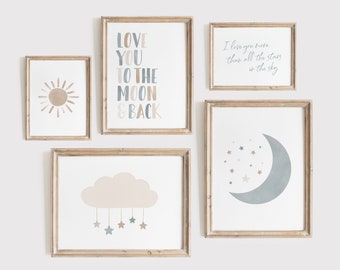Gender Neutral Cloud Moon and Sun Set of 3 Prints, Boy Nursery Decor ...