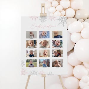 Editable Pink Snowflake 1st Birthday Photo Board Template, Printable Winter Onederland Birthday Milestone Sign, DIGITAL DOWNLOAD