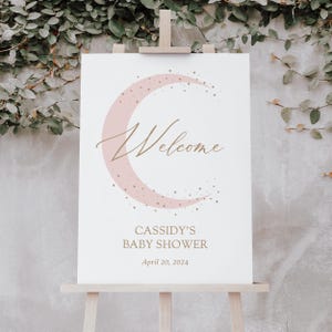 Over the Moon Baby Shower Welcome Sign Template, Editable Pink Moon and Stars Baby Shower Welcome Sign, DIGITAL DOWNLOAD