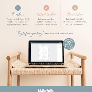 May include: A laptop computer displaying a baby shower invitation template on the screen. The invitation is blue and white gingham with the text "Baby Shower" in a white font. The text "Try before you buy! Free demo link in description." is displayed below the laptop. The text "PERSONALIZE WITH Corjl" is displayed in a circle with a gear icon in the upper right corner of the image.
