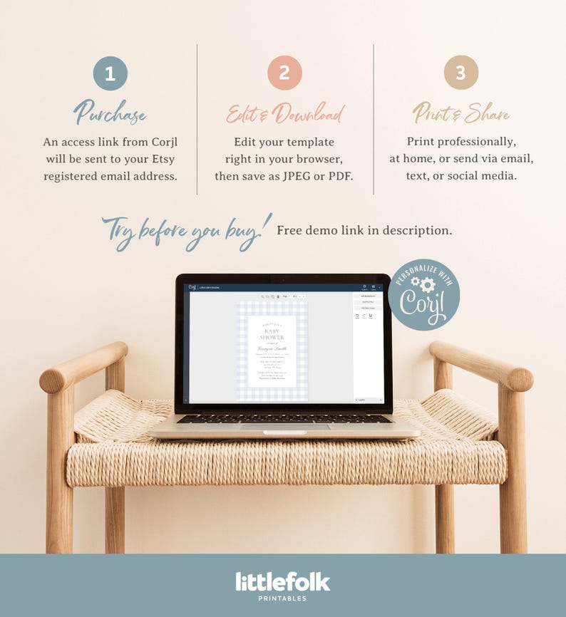 May include: A laptop computer displaying a baby shower invitation template on the screen. The invitation is blue and white gingham with the text "Baby Shower" in a white font. The text "Try before you buy! Free demo link in description." is displayed below the laptop. The text "PERSONALIZE WITH Corjl" is displayed in a circle with a gear icon in the upper right corner of the image.