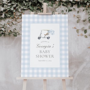 Blauw pastel golf babyshower welkomstbord, golfkar babyshower welkomstbord sjabloon, blauwe ballonnen, digitale DOWNLOAD