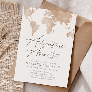 Faire-part de voyage pour baby shower, modèle d'invitation de baby shower modifiable L'aventure vous attend, non sexiste, carte du monde aquarelle, téléchargement numérique