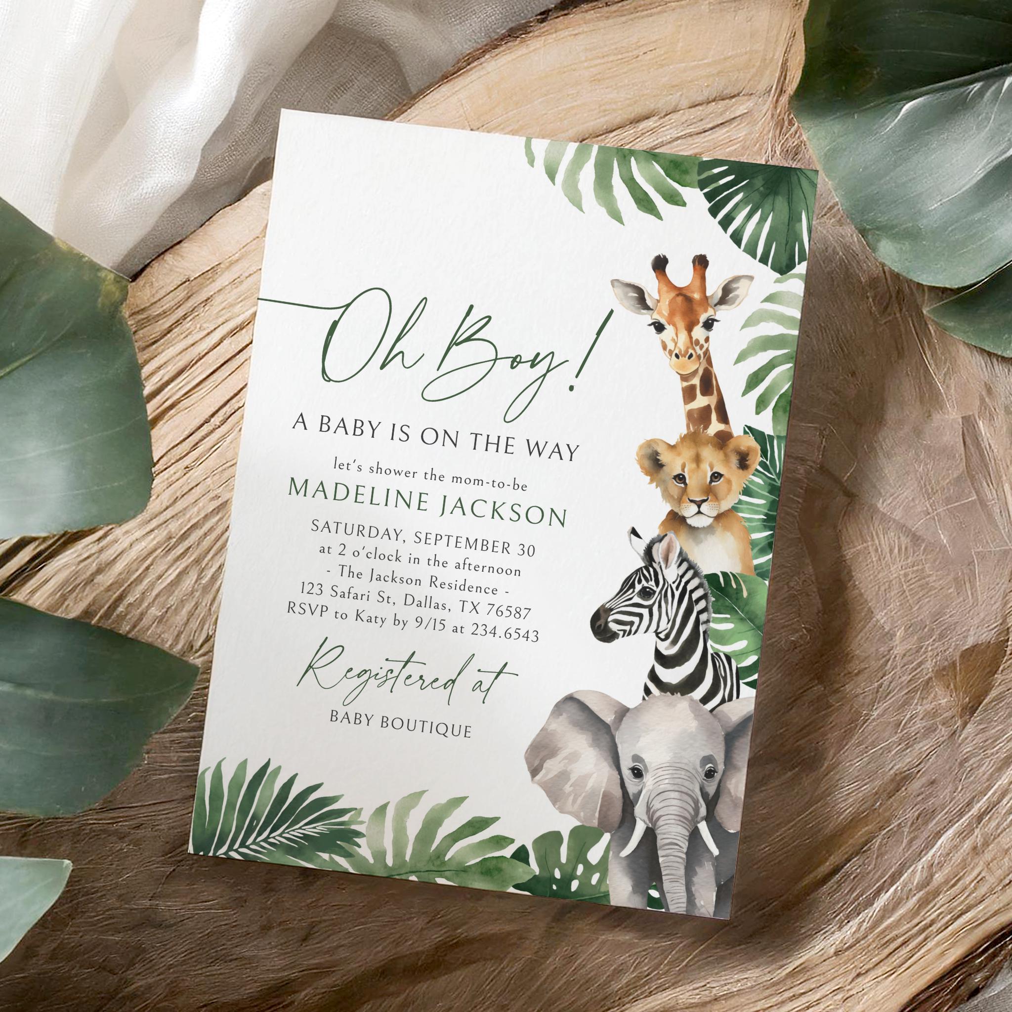 Safari Baby Shower Invitation Template, Tropical Safari Animals