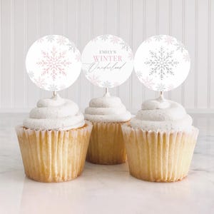 Editable Pink Snowflake Birthday Cupcake Toppers, Printable Winter Onederland 1st Birthday Decor, DIGITAL DOWNLOAD